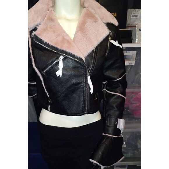 Azalea Wang Faux Fur Lined Cropped Moto Jacket - Picture 1 of 9